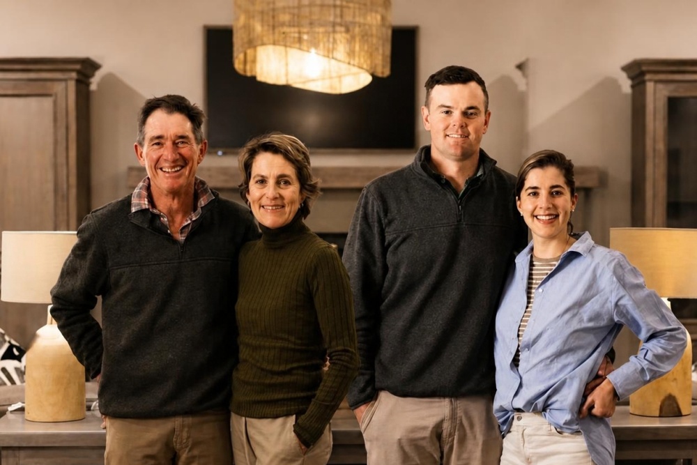 Four smiling adults standing together in a warmly lit living room