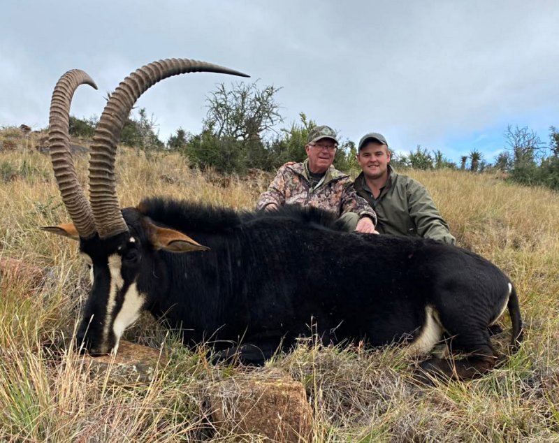 Two hunters pose behind a large sable antelope