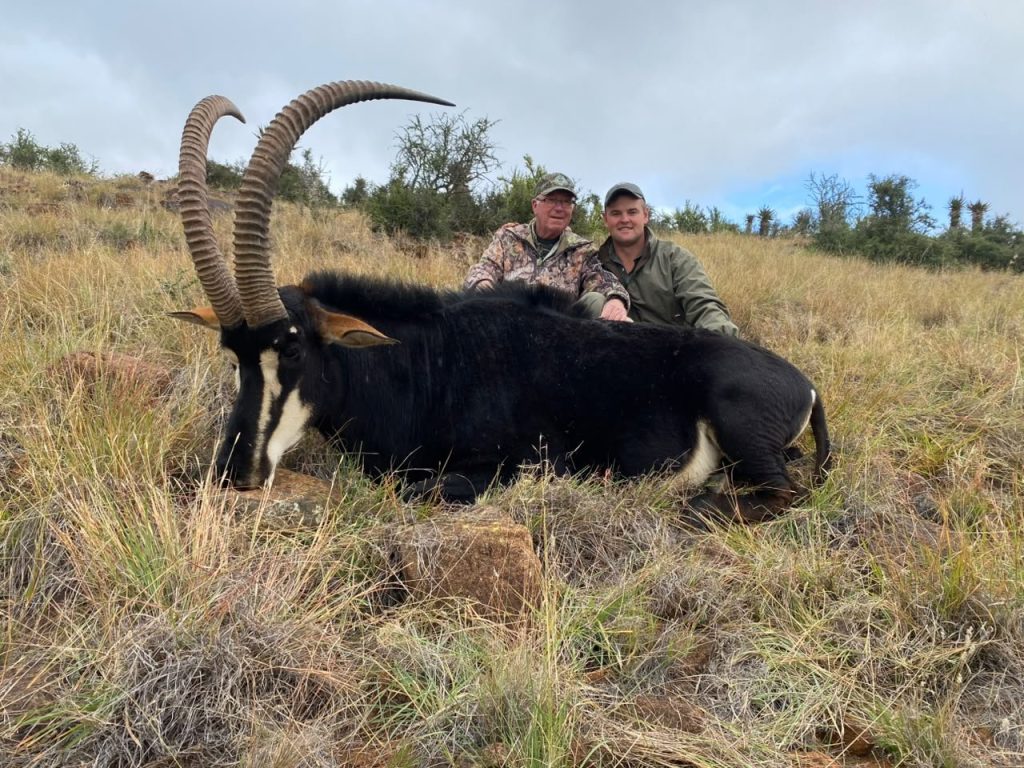 Two hunters pose behind a large sable antelope.